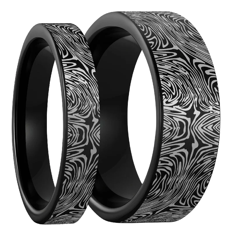 Rings Craft Secrets-Damascus Steel Pattern Engraved Brushed Black Tungsten Couple's Matching Wedding Band Set