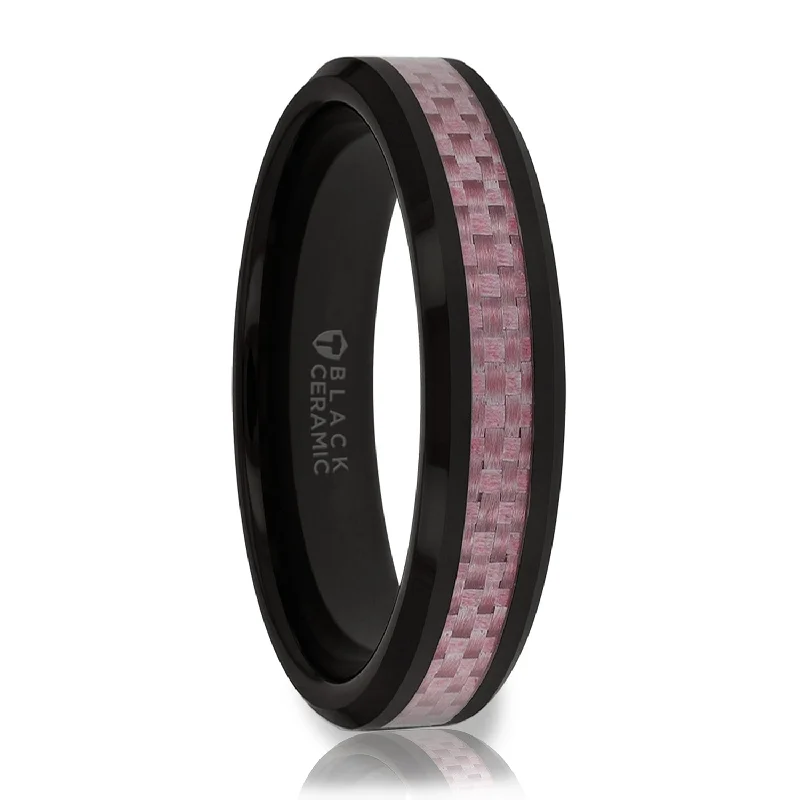 Elite Rings For Instant Glam-Black Ceramic Wedding Band with Pink Carbon Fiber Inlay