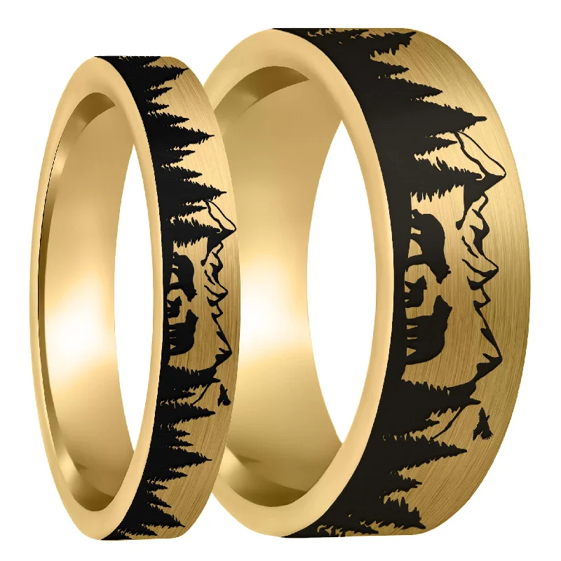 Rings For Tiny Gleam-Bear & Cubs Landscape Scene Brushed Gold Tungsten Couple's Matching Wedding Band Set