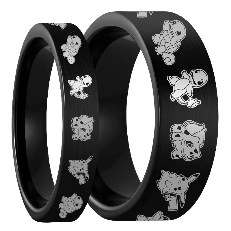 Best Twinkle Rings-Pokemon Brushed Black Tungsten Couple's Matching Wedding Band Set