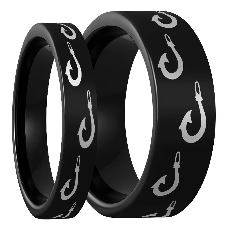 Elite Rings For Understated Beauty-Polynesian Fishing Hook Black Tungsten Couple's Matching Wedding Band Set