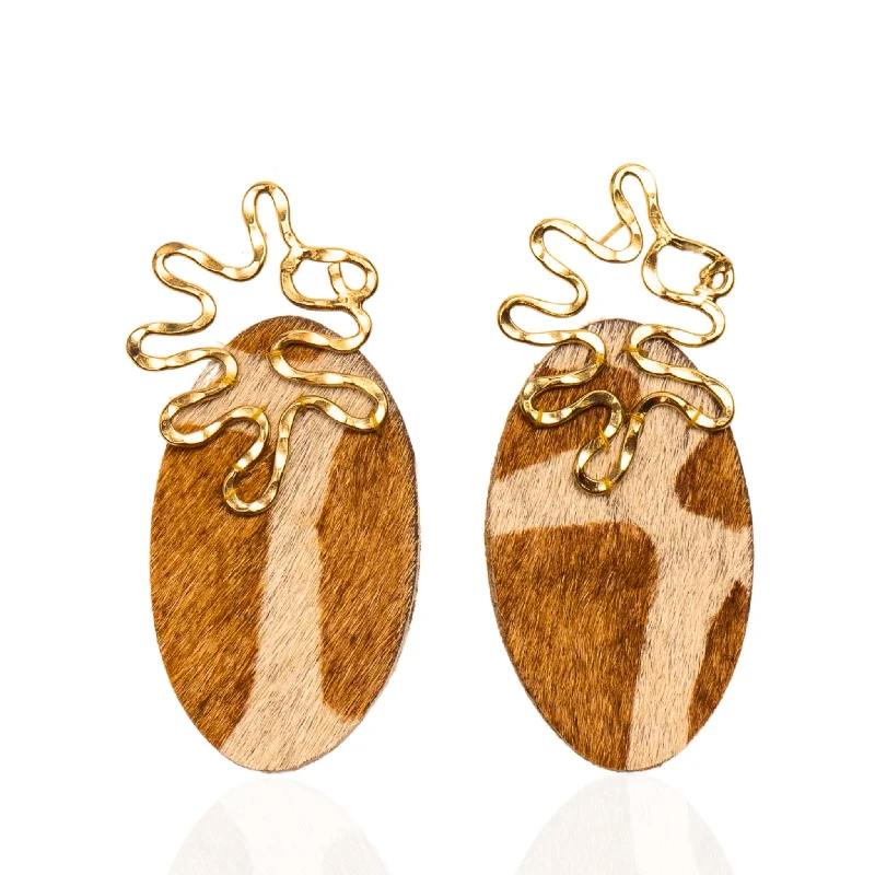 Earrings Build Tips-Asili Leather Mohair Statement Earrings - Giraffe/Wired Gold