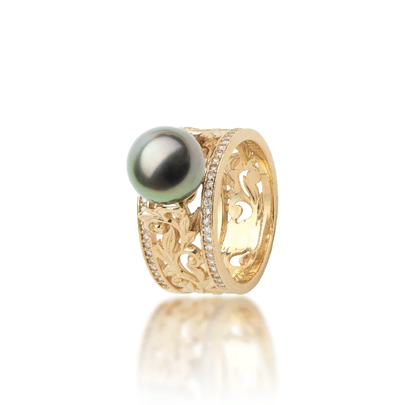 Steady Glow Rings-Living Heirloom Tahitian Black Pearl Ring in Gold with Diamonds - 10mm