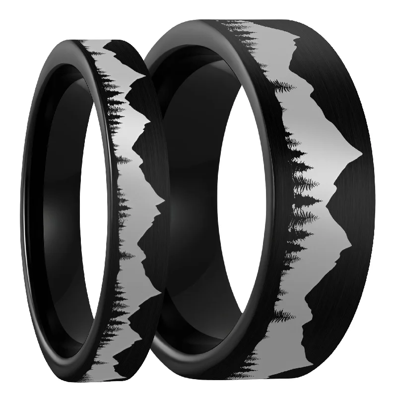 Rings Bargain Treasures-Treeline Mountains Brushed Black Tungsten Couple's Matching Wedding Band Set