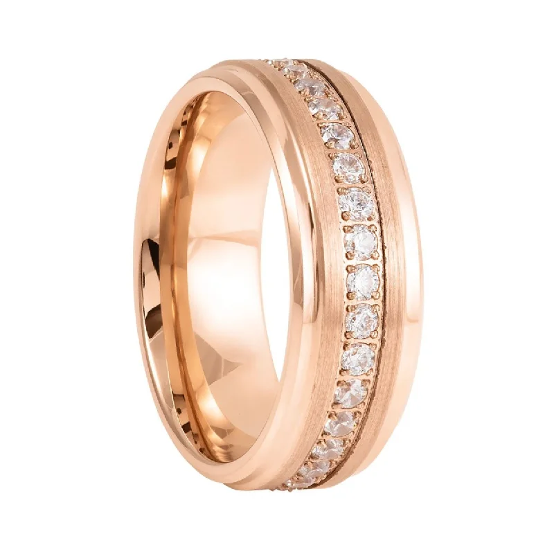 Rings For Pinky Placement-Rose Gold Tungsten Men's Wedding Band with Cubic Zirconia