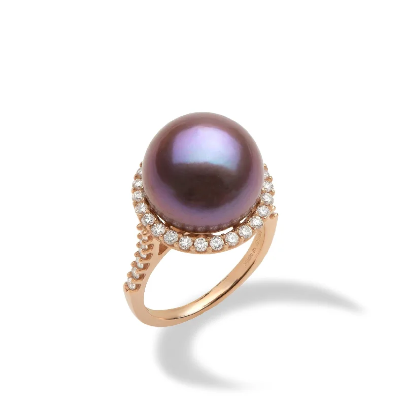 Rings With Filigree Details-Ultraviolet Freshwater Pearl Ring in Rose Gold with Diamonds - 14-15mm