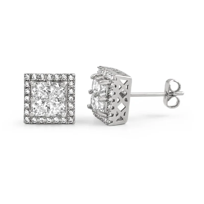 Earrings For Leisure Years-Princess Cut Square Cluster Rhodium CZ Hip Hop Earrings