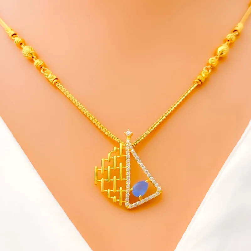 Necklaces For Full Nights-Contemporary Triangular 22k Gold CZ Necklace Set