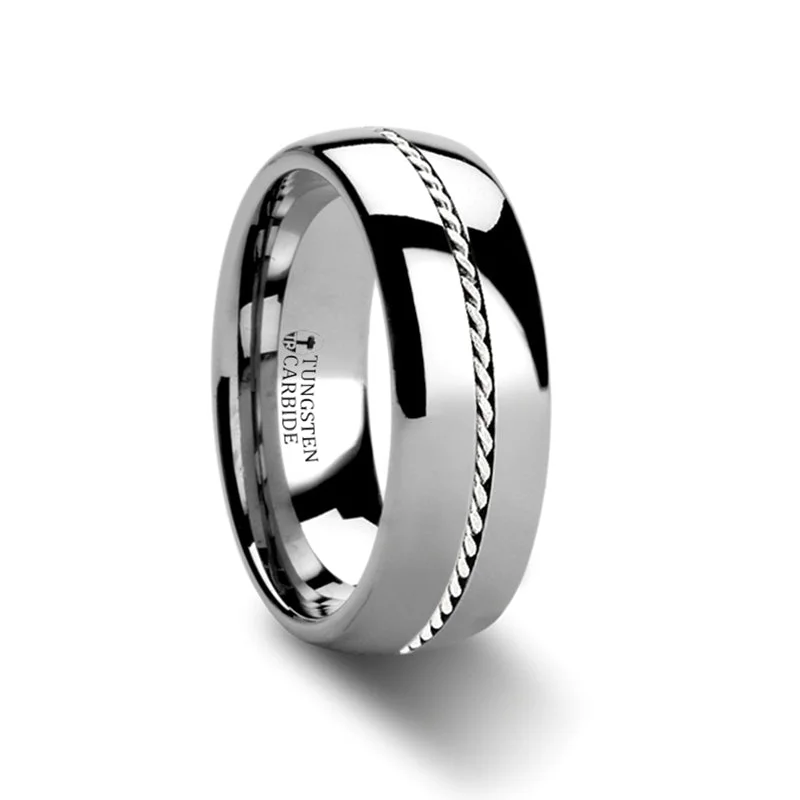 Rings For Playful Kids-Tungsten Men's Wedding Band with Braided Platinum Inlay