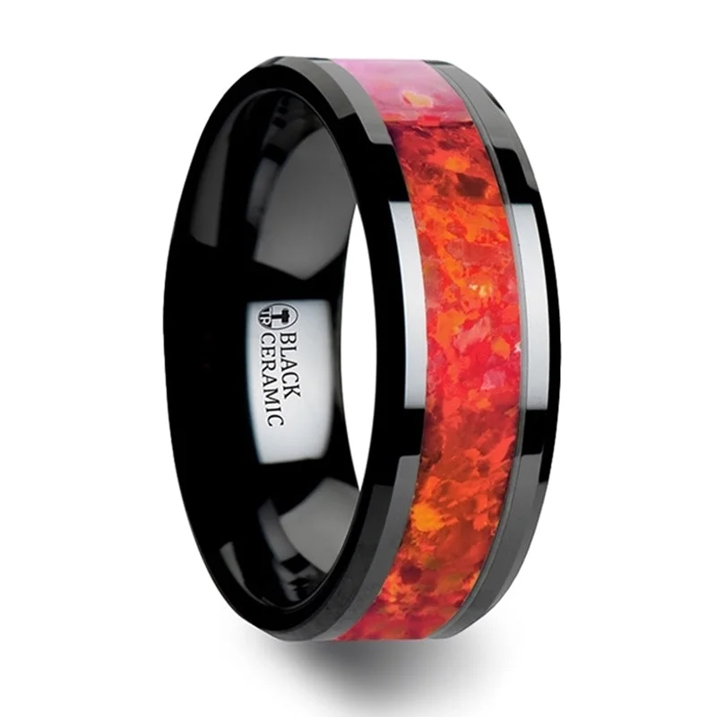 Rings For Subdued Tones-Black Ceramic Men's Wedding Band with Red Opal Inlay