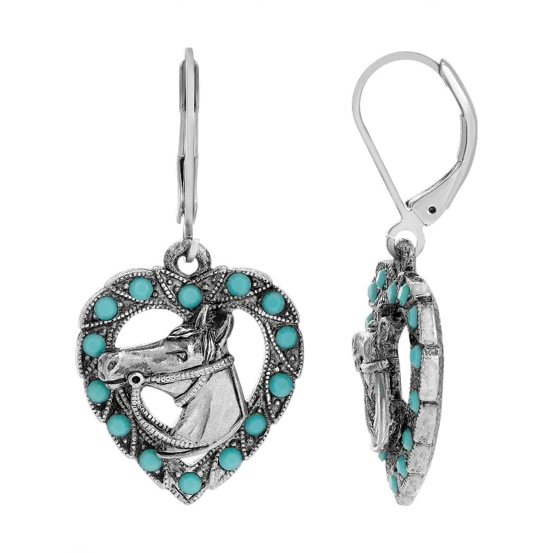 Earrings For Surf Days-1928 Jewelry Heart Horse Head Turquoise Crystal Drop Earrings