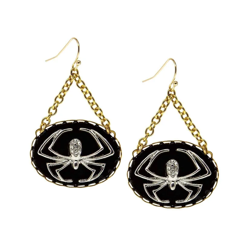 Neat Earrings For Sleek-1928 Jewelry Round Spider With Black Enamel Chain Drop Wire Earrings