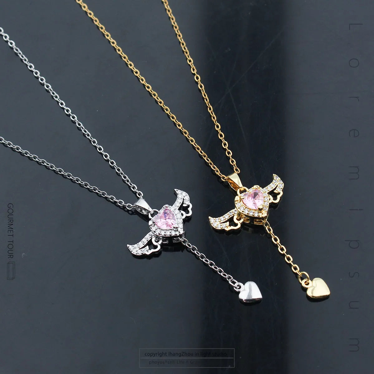 Necklaces For Quiet Glow-Ig Style Sweet Heart Shape Wings Titanium Steel Copper Plating Inlay Zircon Pendant Necklace