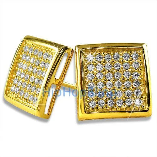 Earrings For Harsh Weather-Large Deep Box Gold Vermeil CZ Micropave Earrings .925 Silver