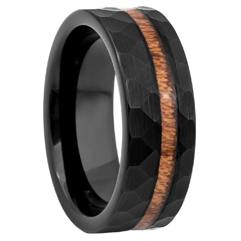 Rings For Personal Spark-Hammered Black Tungsten Men's Wedding Band with Asymmetrical Wood Inlay