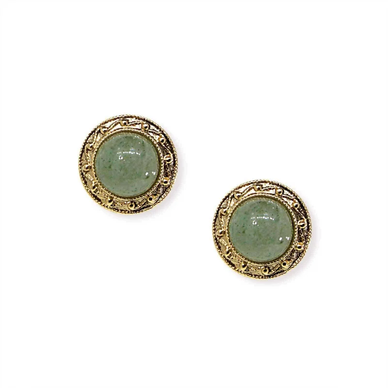 Earrings For Fair Tones-1928 Jewelry Round Green Aventurine Gemstone Button Earrings