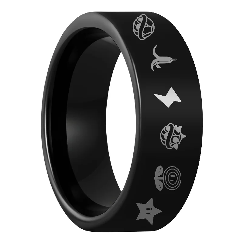 Rings Shimmer Scores-Mario Kart Items Black Tungsten Men's Wedding Band