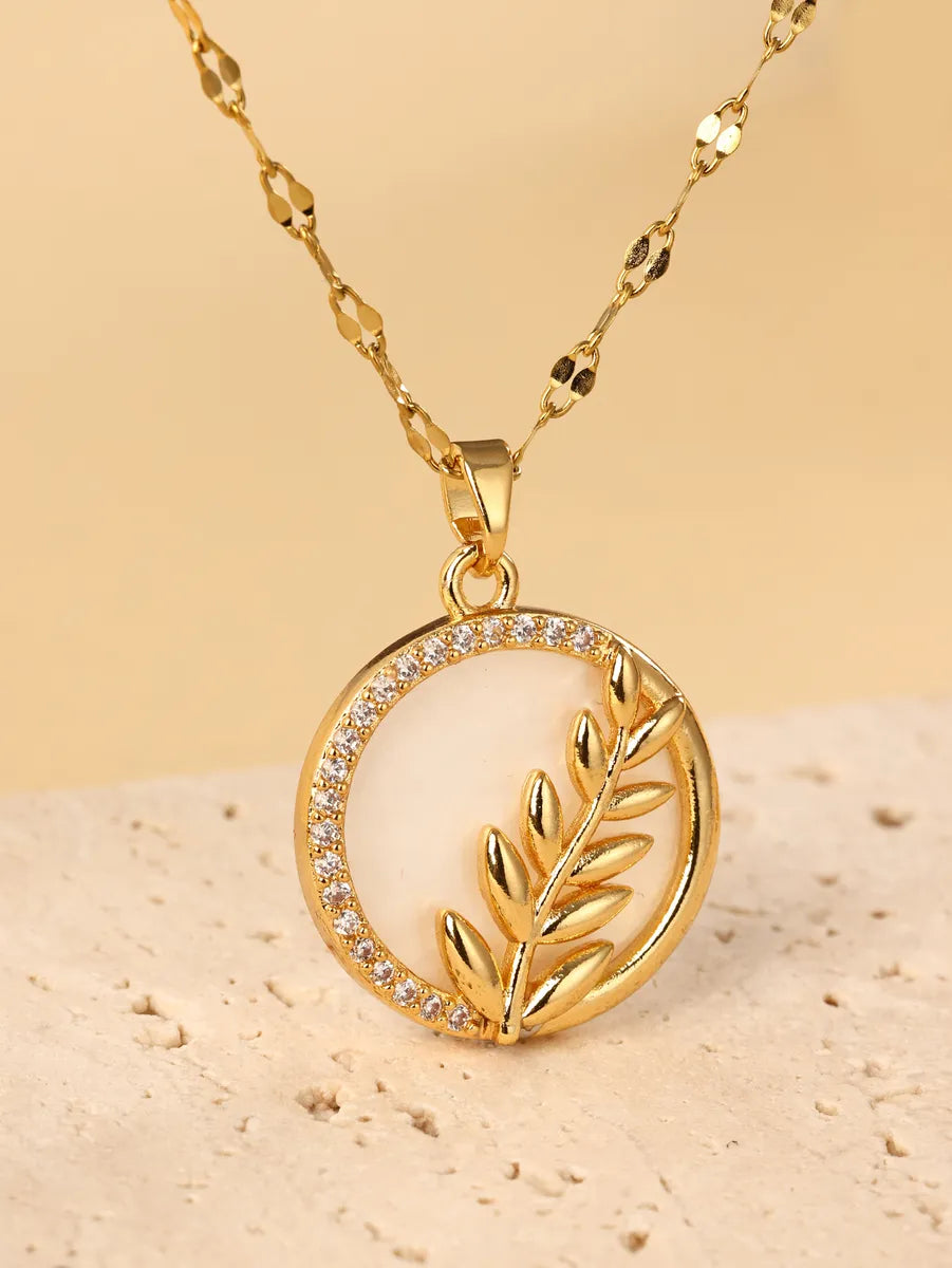 Necklaces For Cold Shine-Stainless Steel Copper 18K Gold Plated IG Style Simple Style Leaves Inlay Zircon Pendant Necklace