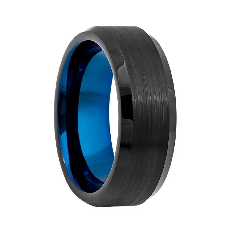 Rings With Amber Inlays-Black Tungsten Men's Wedding Band with Contrasting Blue Interior