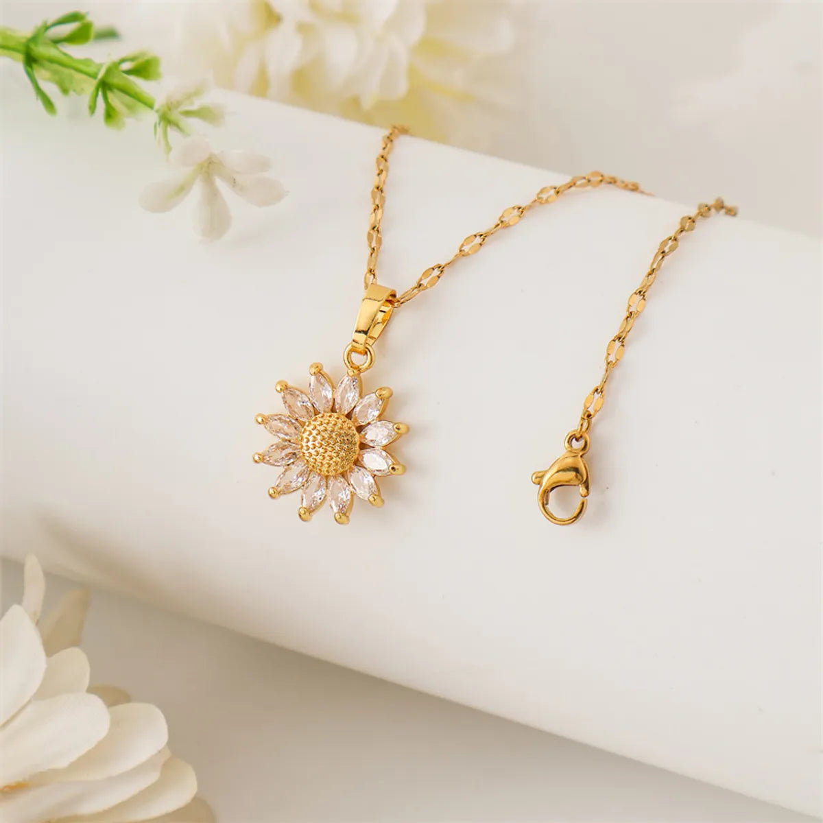 Necklaces For Fringe Fun-Simple Style Flower Stainless Steel Titanium Steel Plating Inlay Zircon 18k Gold Plated Pendant Necklace