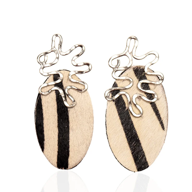 Earrings For Loud Days-Asili Leather Mohair Statement Earrings - Zebra / Wired Silver