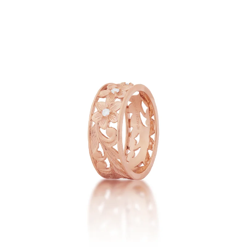 Jagged Rings For Edge-Hawaiian Heirloom Plumeria Ring in Rose Gold with Diamonds - 8mm