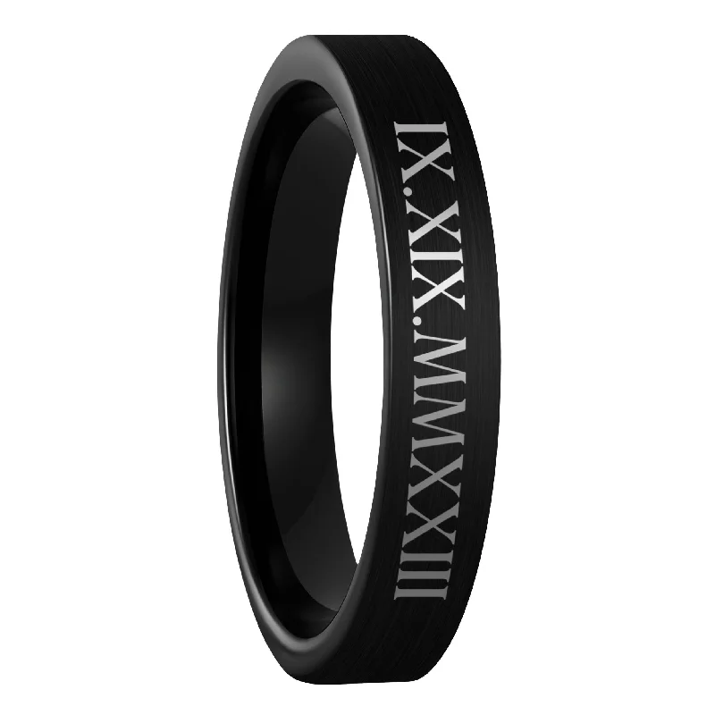 Fierce Rings For Bite-Roman Numeral Date Brushed Black Tungsten Women's Wedding Band