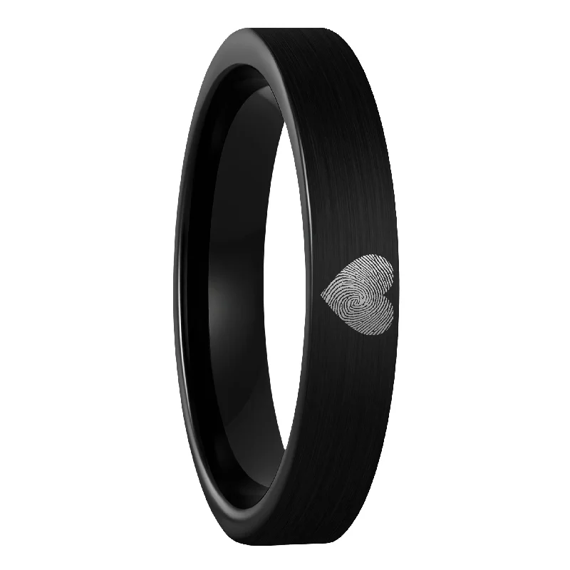 Crafted Rings For Originality-Custom Heart Fingerprint Brushed Black Tungsten Women's Ring