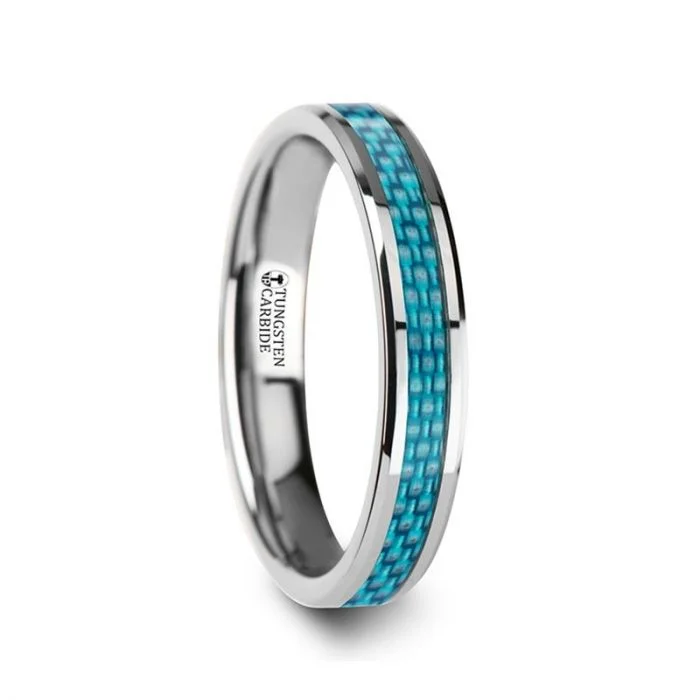 Rings Steal Guides-Tungsten Women's Wedding Band with Blue Carbon Fiber Inlay