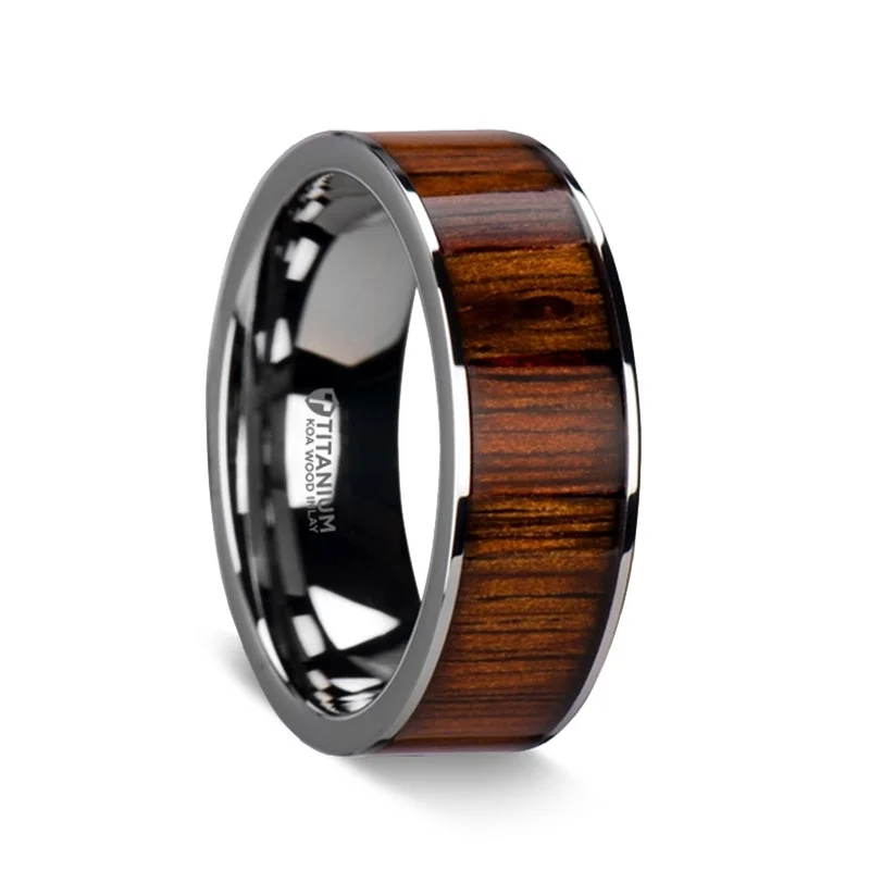 Rings For Breezy Springs-Flat Titanium Men's Wedding Band with Koa Wood Inlay