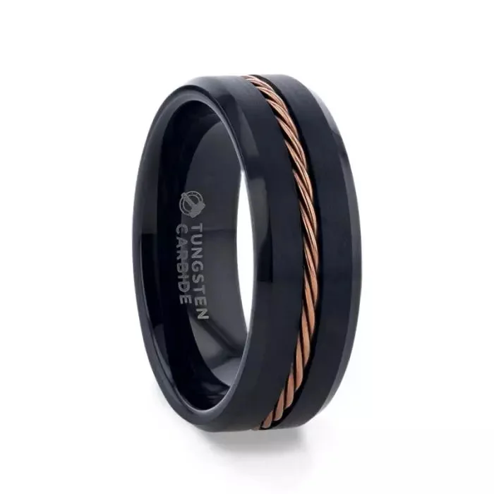 Lasting Spark Rings-Black Tungsten Men's Wedding Band with Braided Rose Gold Inlay