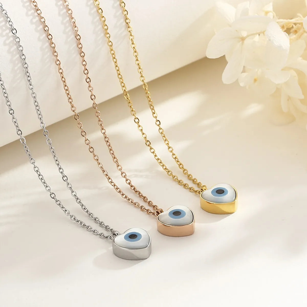 Long Fit Necklaces-Stainless Steel 18K Gold Plated Basic Devil's Eye Inlay Shell Pendant Necklace