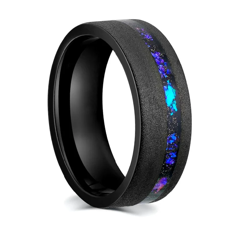 Rings With Sturdy Bands-Asymmetrical Galaxy Inlay Sandblasted Black Tungsten Men's Wedding Band