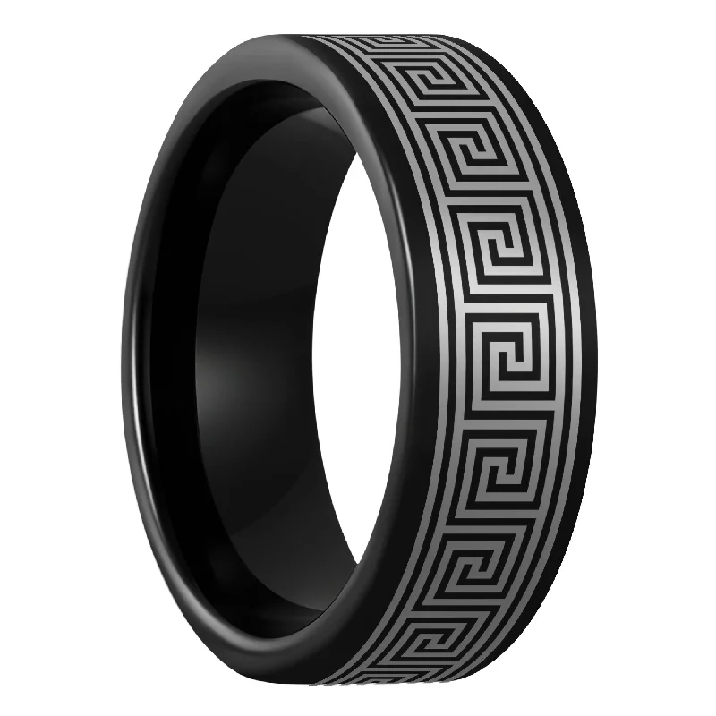 Rings For Metro Flair-Greek Key Black Tungsten Men's Wedding Band