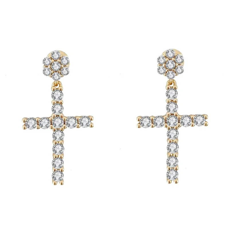 Earrings For Mild Spark-Cluster Stud Dangling L Tennis Cross CZ Iced Out Earrings .925 Silver