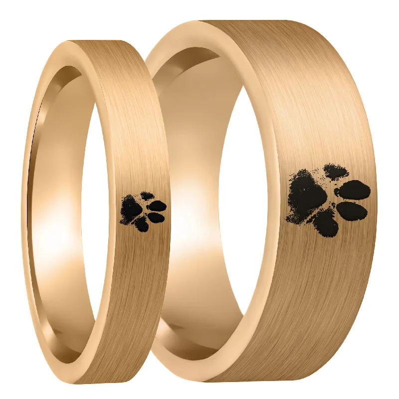 Lasting Spark Rings-Custom Paw Print Brushed Rose Gold Tungsten Couple's Matching Ring Set