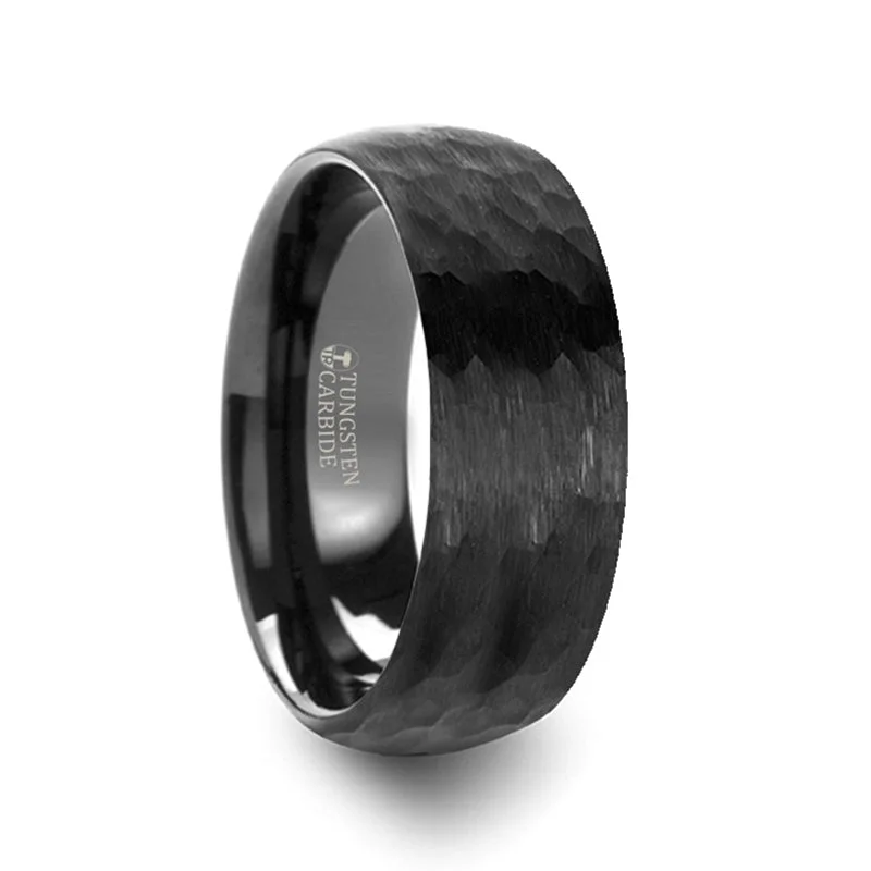 Rings For Gala Glow-Hammered Black Tungsten Domed Men's Wedding Band