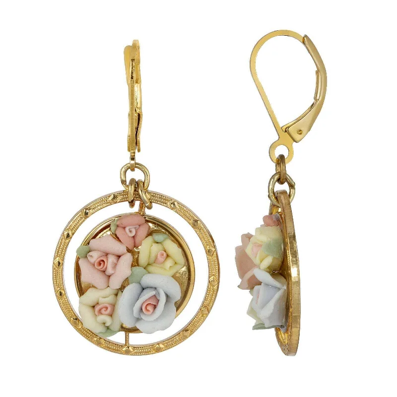 Earrings For Made Gifts-1928 Jewelry Multicolor Porcelain Rose Round Drop Earrings