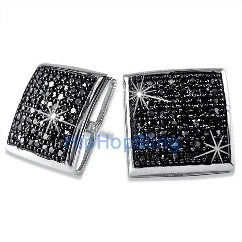 Earrings For Small Ones-XXL Black CZ Puffed Box Bling Bling Micro Pave Earrings .925 Silver