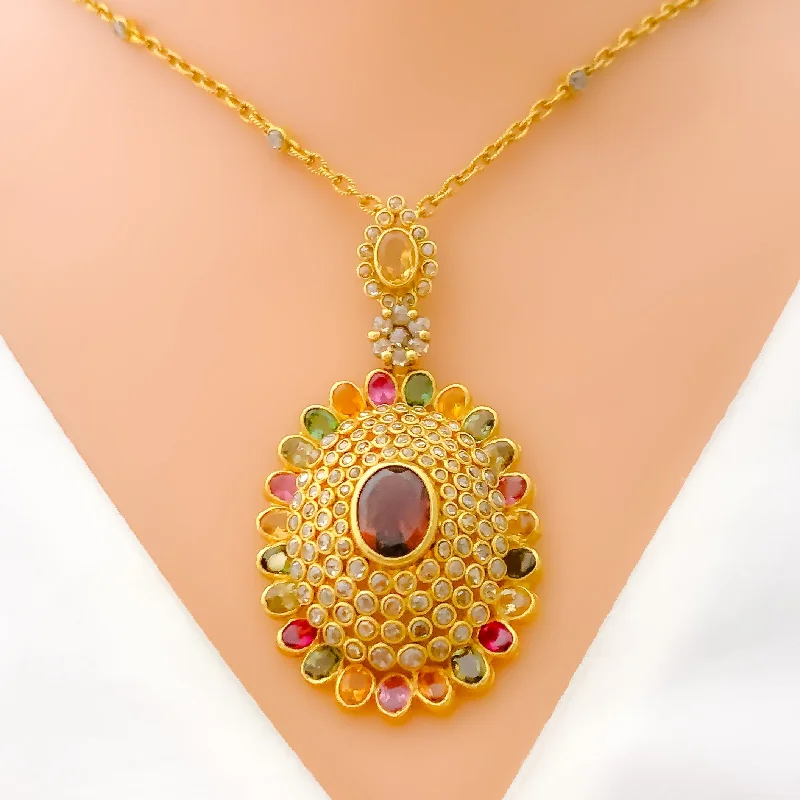 Necklaces With Clean Edges-Graceful Multi Tourmaline 22k Gold Polki Necklace Set