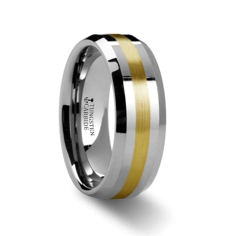 Rings Luster Tips-14k Yellow Gold Inlay Tungsten Men's Wedding Band