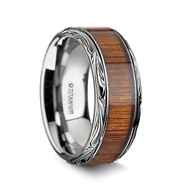 Rings Gleam Rituals-Intricate Edge Titanium Men's Wedding Band with Koa Wood Inlay