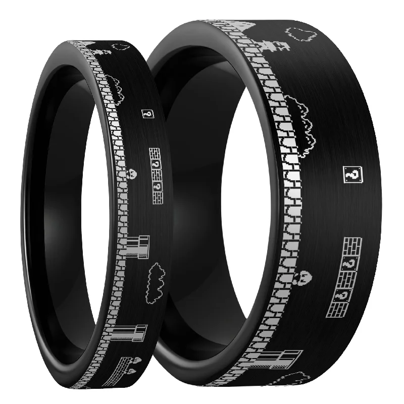 Rings For Masquerade Balls-Super Mario Bros Brushed Black Tungsten Couple's Matching Wedding Band Set