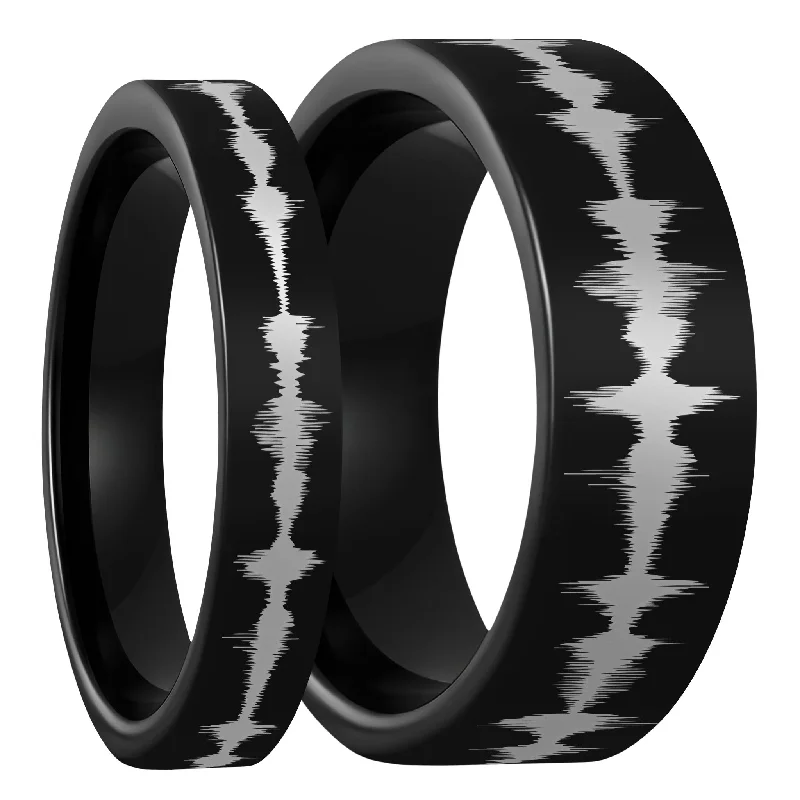 Rings Steal Guides-Custom Soundwave Black Tungsten Couple's Matching Ring Set