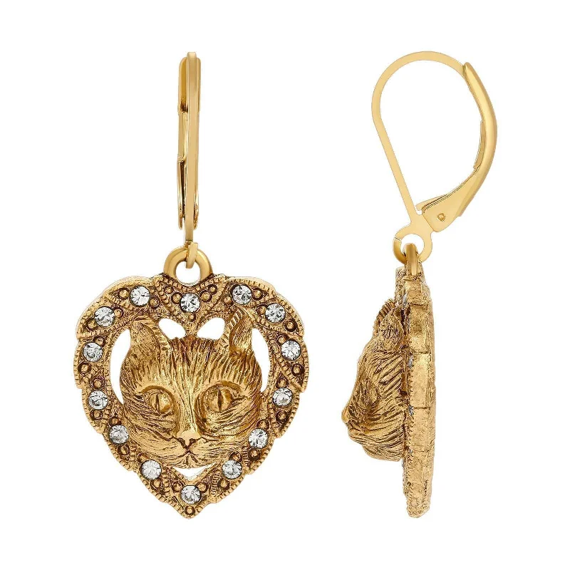 Earrings With Fun Shine-1928 Jewelry Heart And Cat Crystal Accent Lever Back Earrings