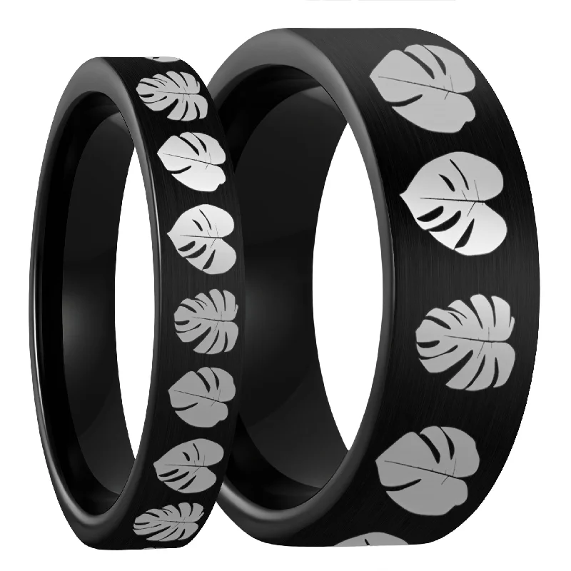 Rings For Layered Locks-Monsterra Leaves Brushed Black Tungsten Couple's Matching Wedding Band Set