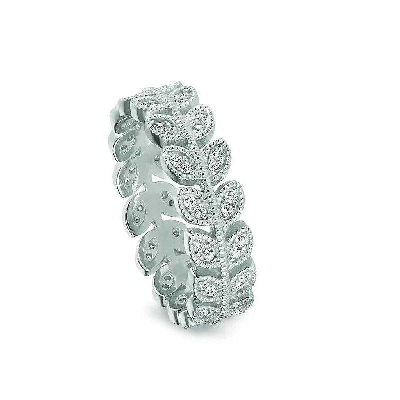 Rings Corrosion Defiance-Sterling Silver Leaf Ring with Simulated Diamonds