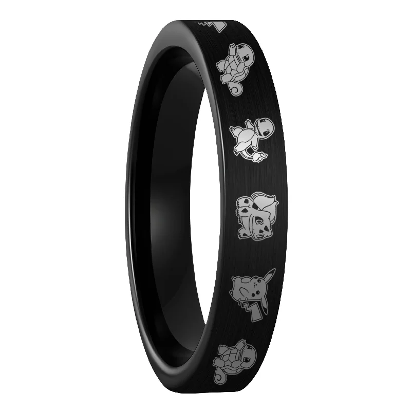 Rings For Chubby Fingers-Pokemon Brushed Black Tungsten Women's Wedding Band