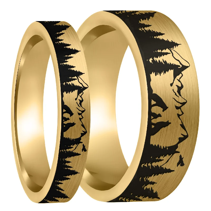 Rings Pocket-Friendly Gems-Wolf Landscape Scene Brushed Gold Tungsten Couple's Matching Wedding Band Set