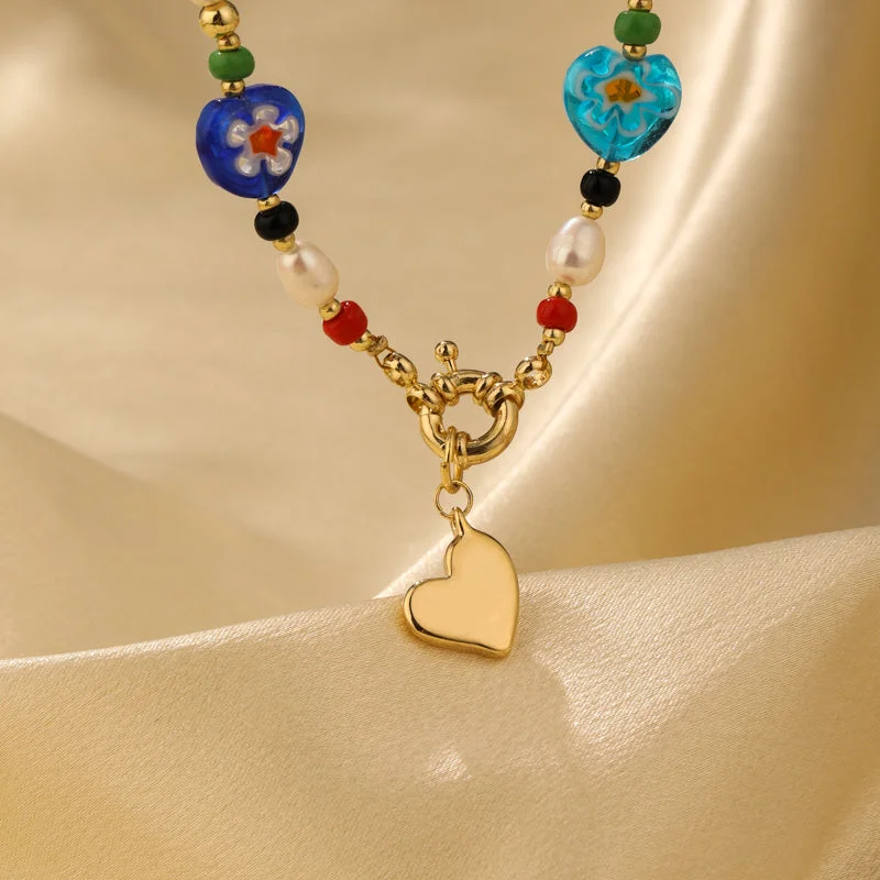 Necklaces Ease Test-Vacation Heart Shape Freshwater Pearl Glass Copper Beaded Flowers 14k Gold Plated Pendant Necklace